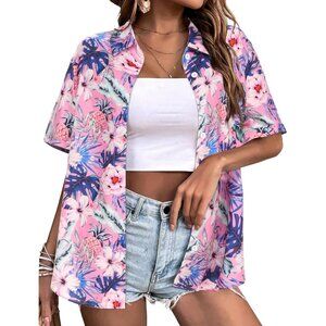 Women Pink Hawaiian Button Down Shirts Short Sleeve Casual Floral Shirt